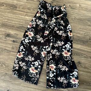 SHEIN Black Floral Print Belted Wide Leg Pants